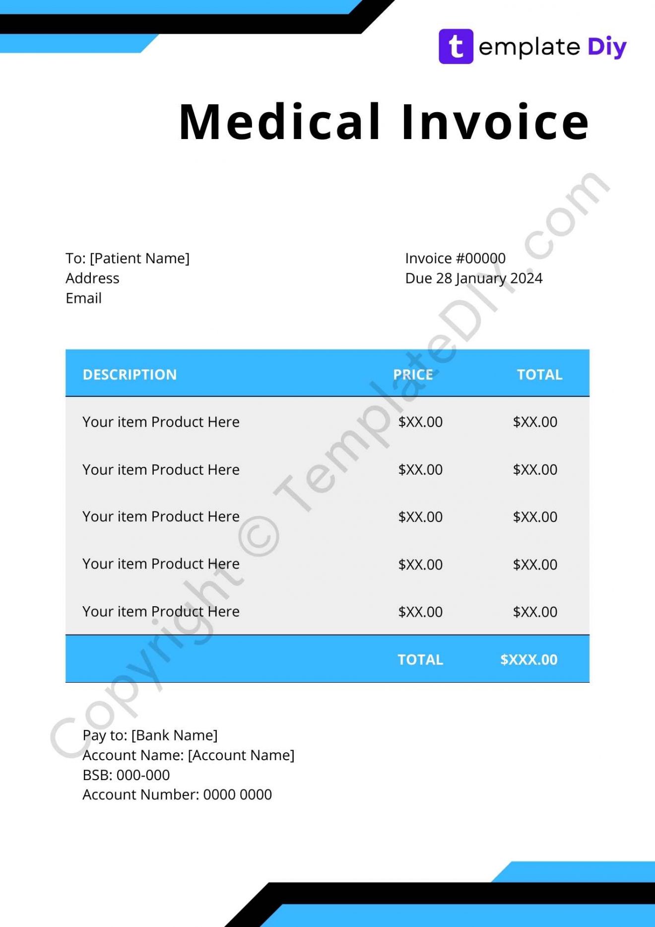 Medical Invoice Template Blank Printable PDF, Excel, Word