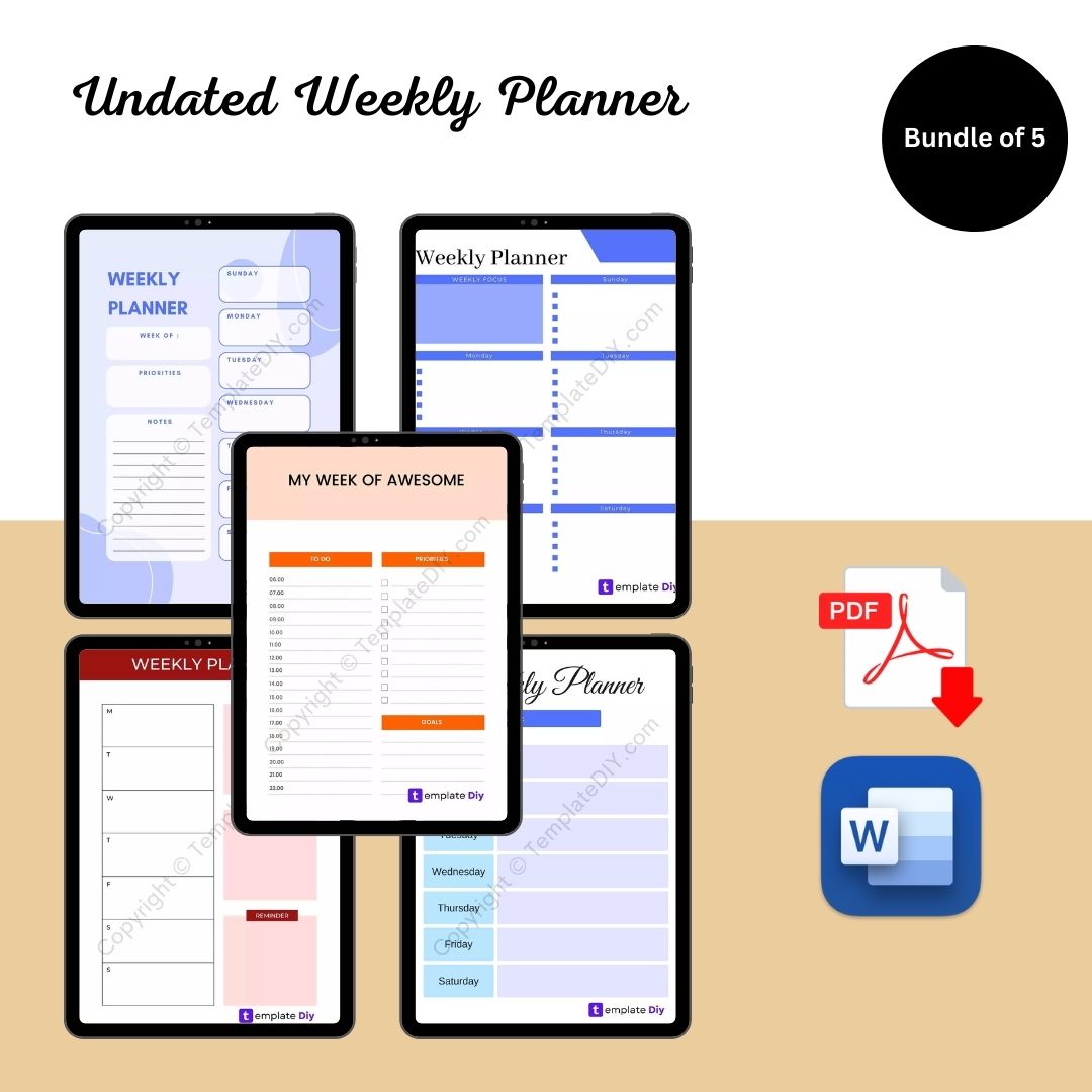 Undated Weekly Planner Printable Template PDF, Word, Excel