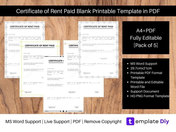 Certificate of Rent Paid Blank Printable Template in PDF & Word