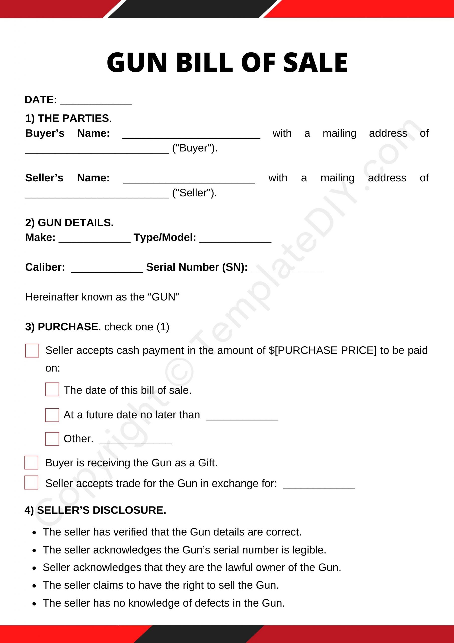 Gun Bill of Sale Blank Printable Form Template in PDF & Word