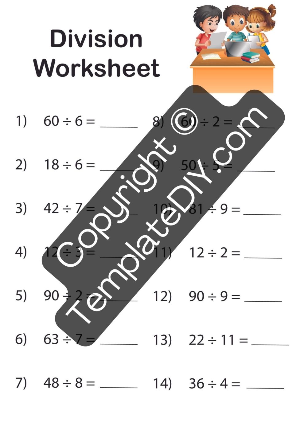 Division Worksheets Template Printable in PDF, Word