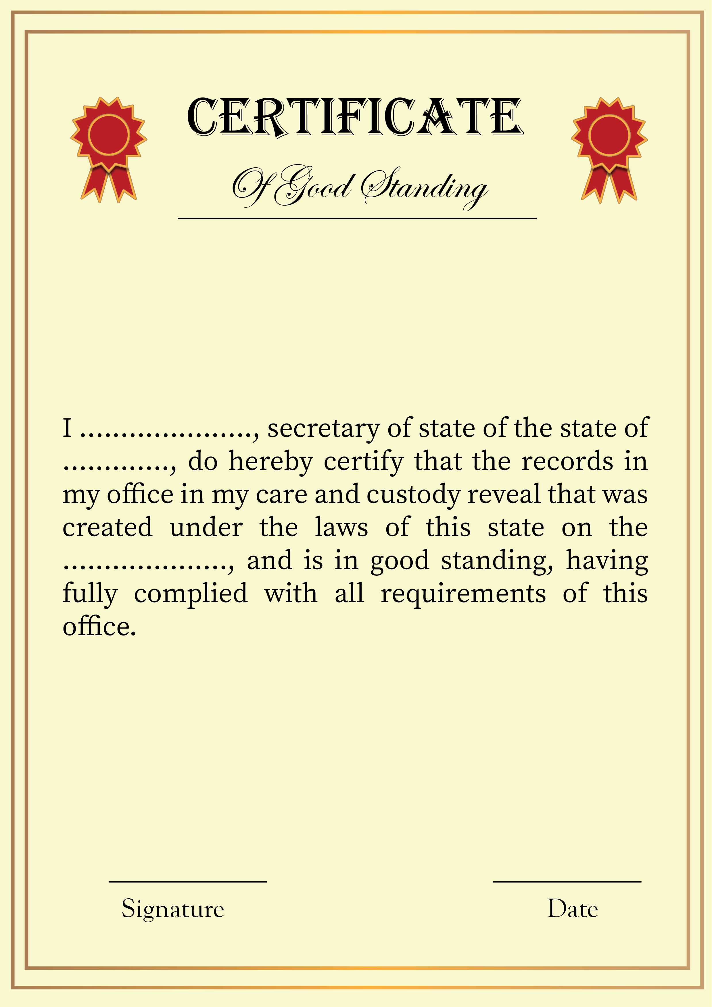 Certificate of Good Standing Blank Printable in PDF Word