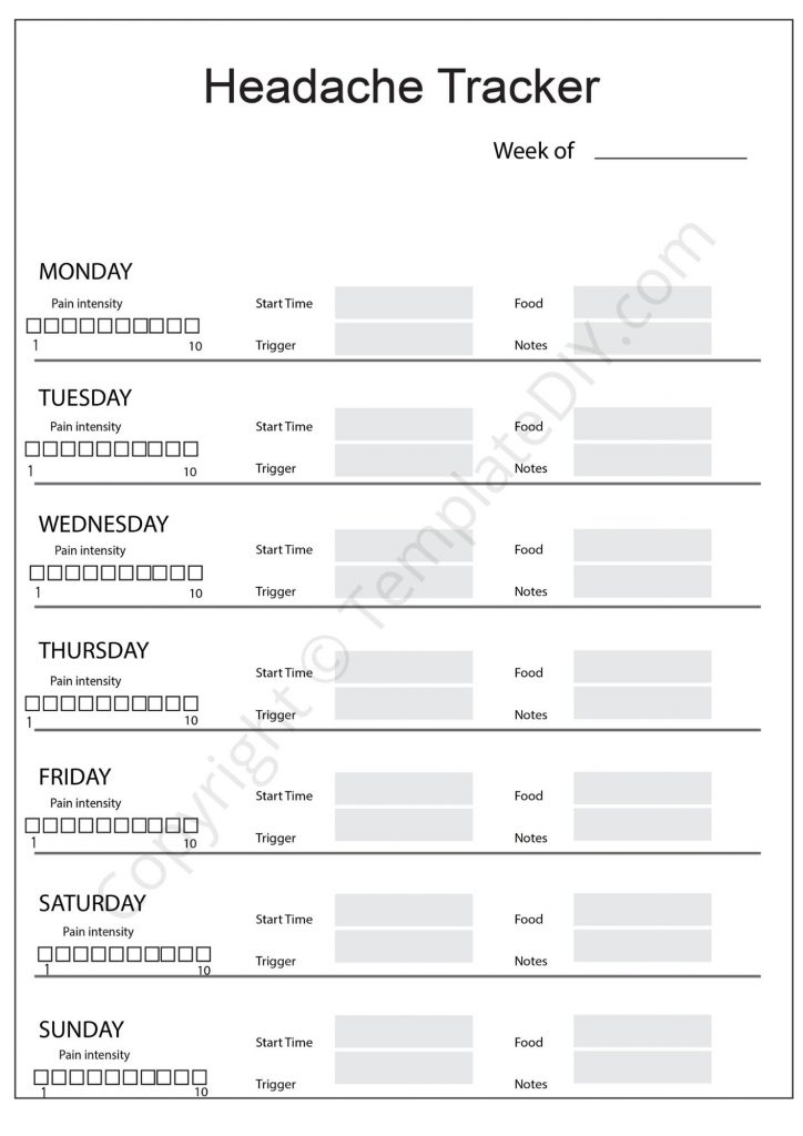 Headache Tracker Template Blank Printable PDF, Word