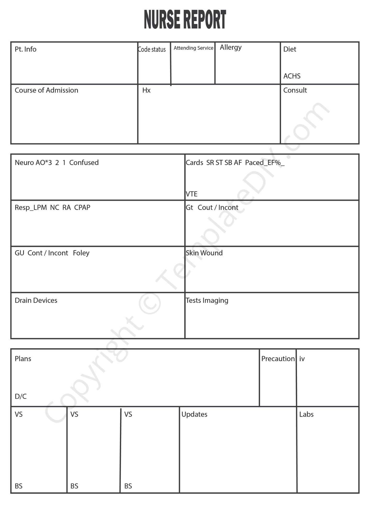 Printable Nurse Report Sheet Template Templates Printable Free