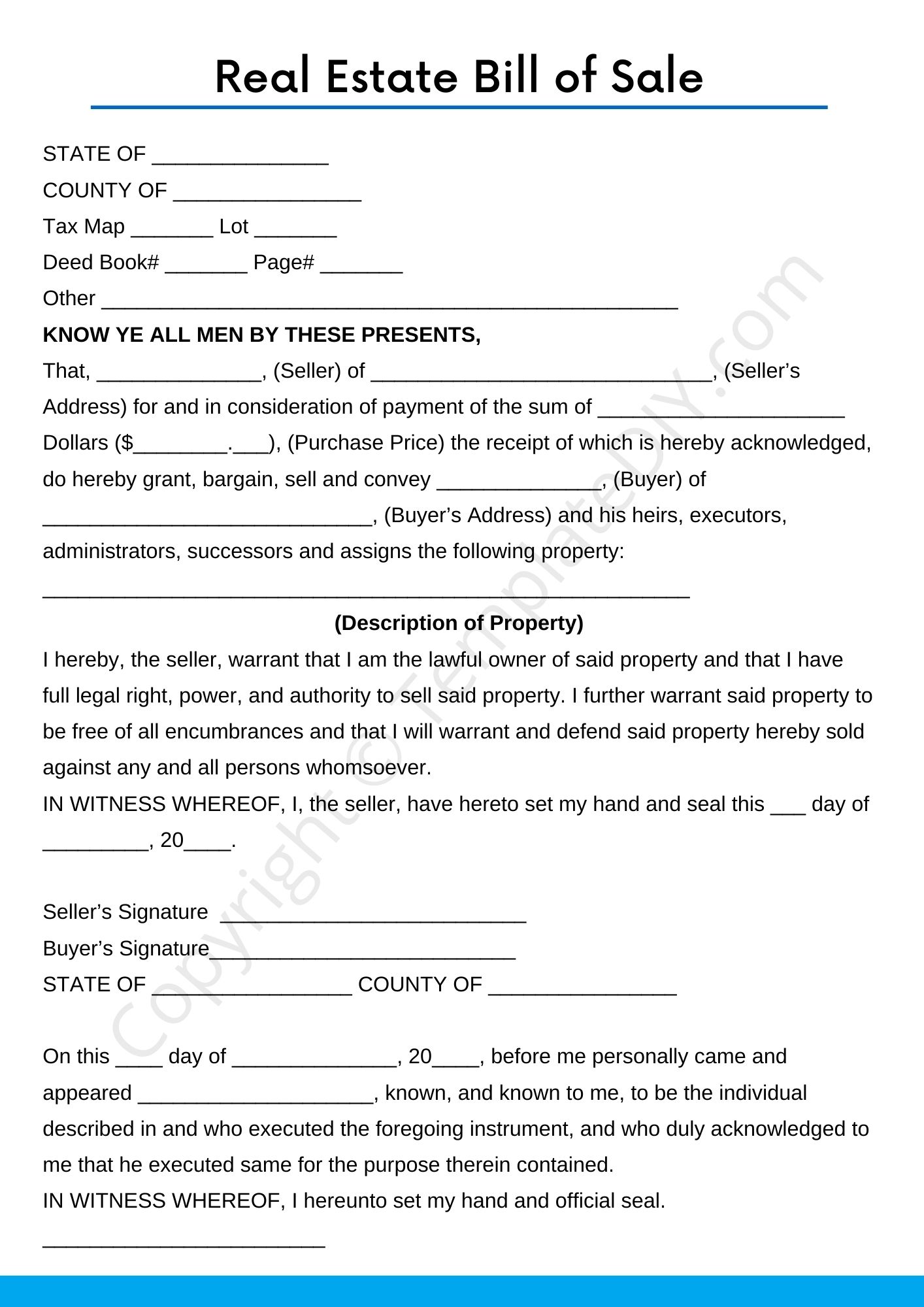 Real Estate Bill of Sale Form Template Printable in PDF & Word