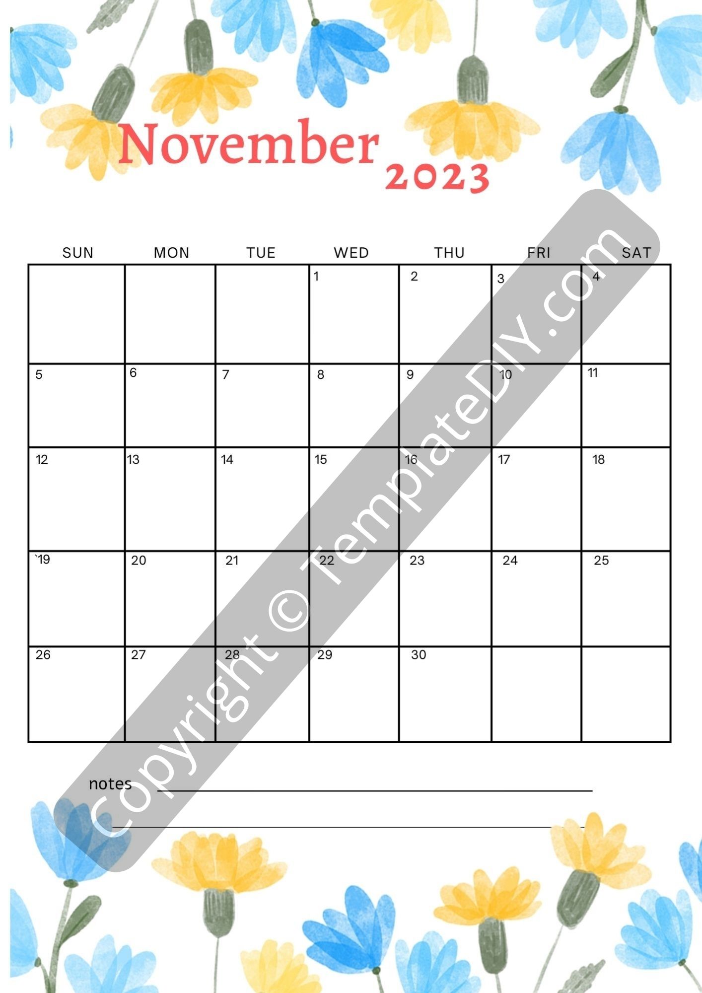 November 2023 Calendar Template with Holidays in PDF & Excel