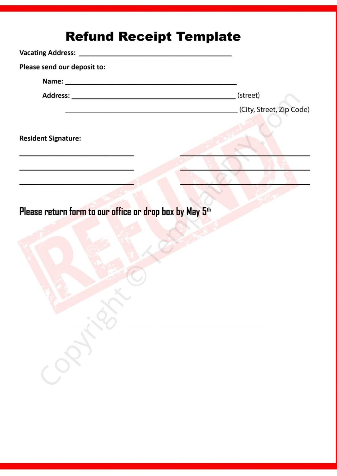 Refund Receipt Template Blank Printable PDF, Word, Excel