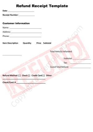 Refund Receipt Template Blank Printable PDF, Word, Excel