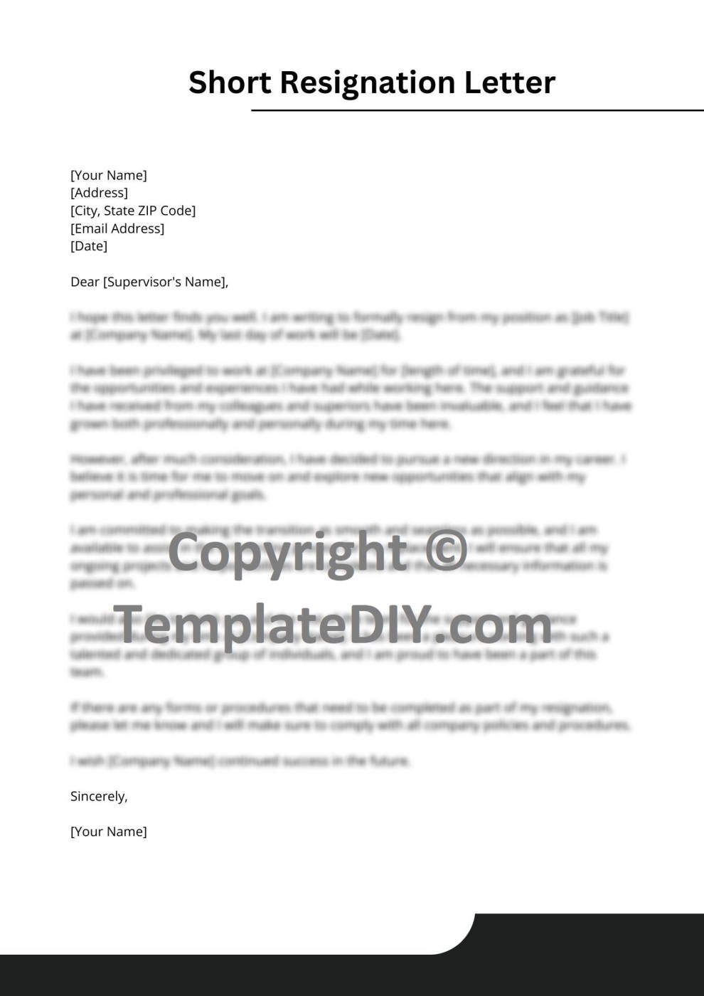 Resignation Small Format Short Resignation Letter Template | Instant Download