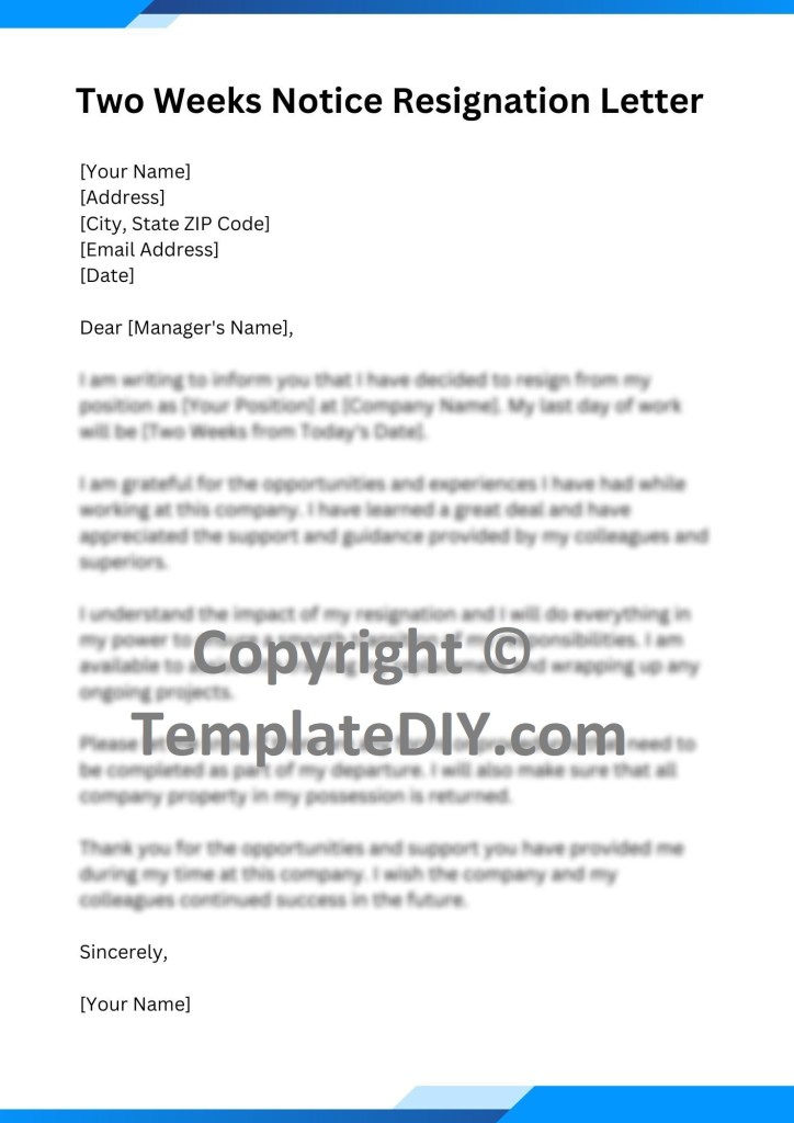 Two Weeks Notice Resignation Letter Sample [Word Editable]