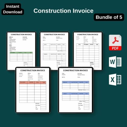 Construction Invoice Printable Template in PDF, Word, & Excel