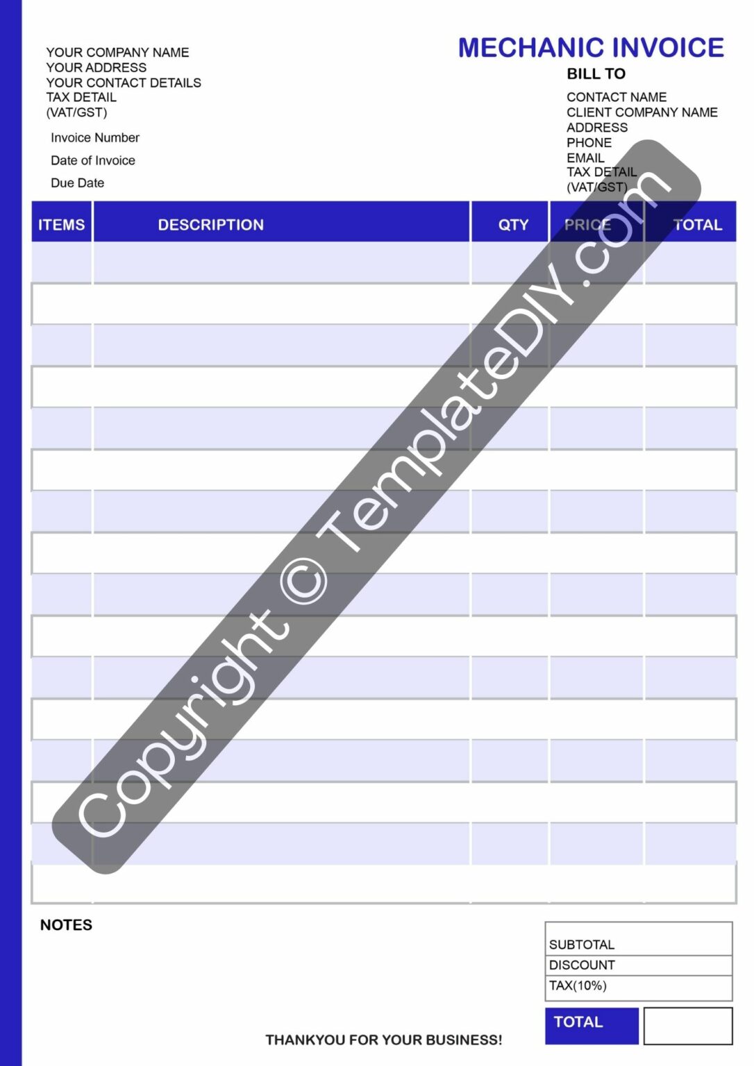 Mechanic Invoice Template Printable in PDF, Word, Excel
