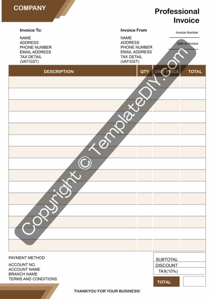 Professional Invoice Template Printable PDF, Word, Excel