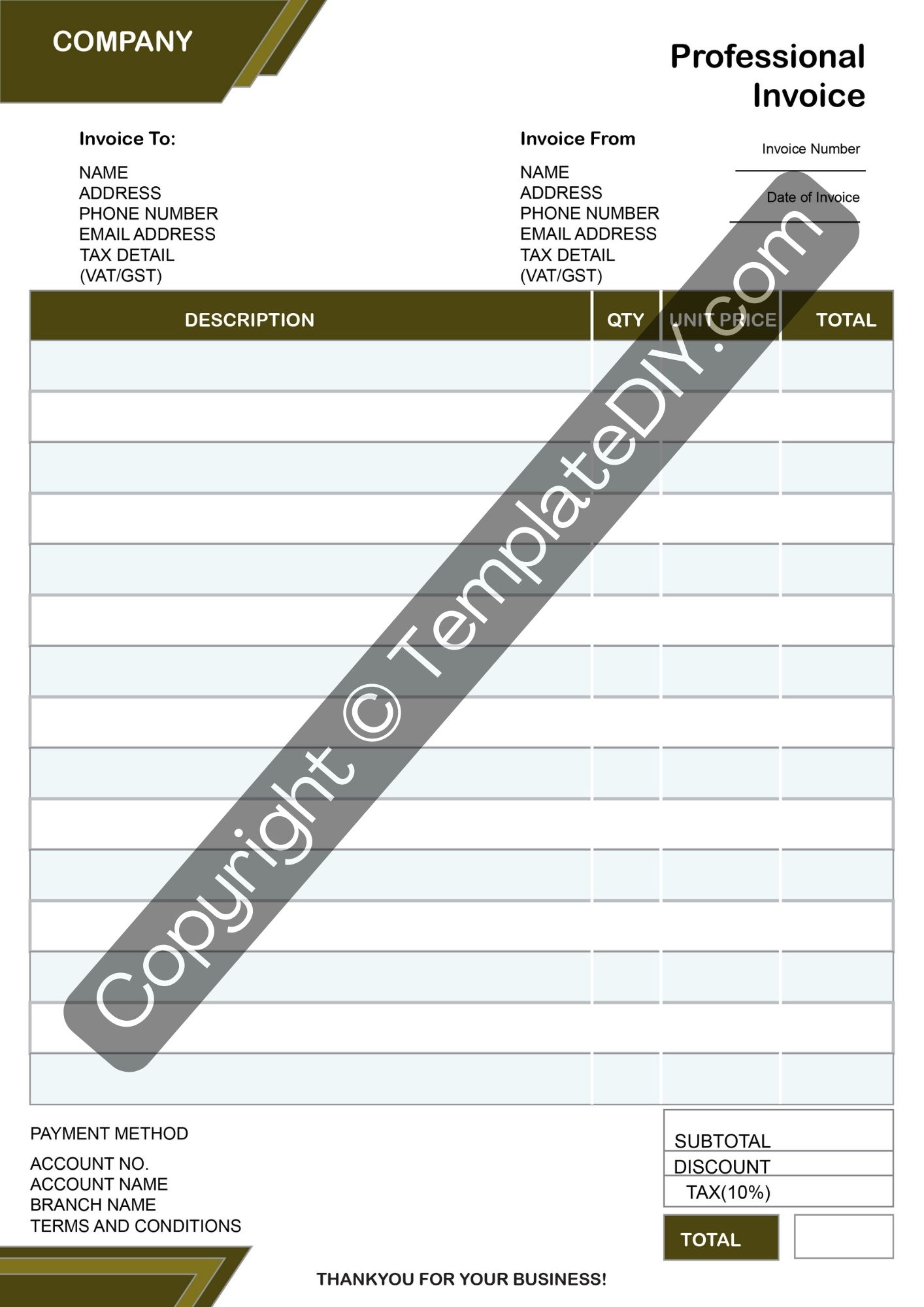 Professional Invoice Template Printable Pdf Word Excel