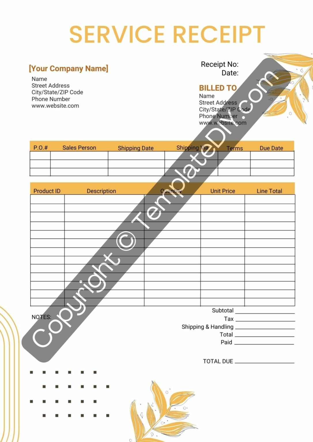 Service Receipt Template Blank Printable PDF, Excel, Word