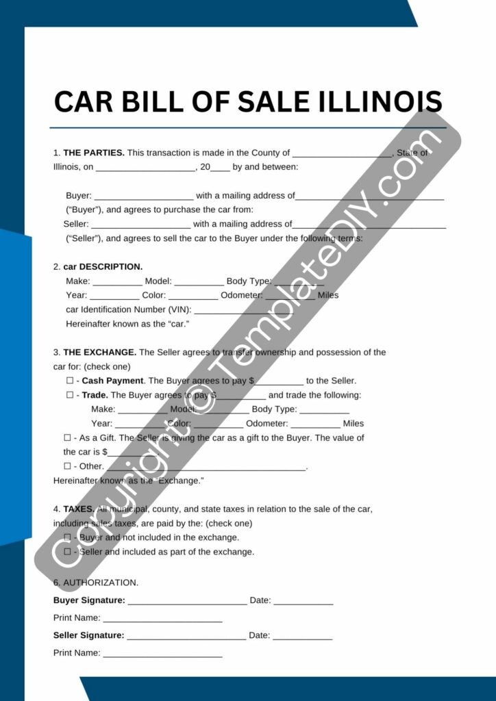 Illinois Car Bill of Sale Template PDF & Word Download