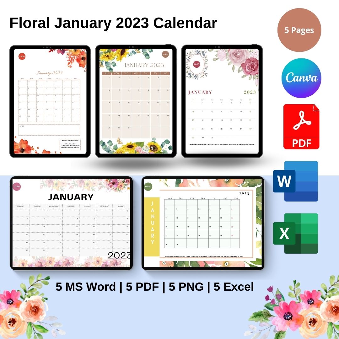 Floral January 2023 Calendar Printable In Pdf, Word & Excel