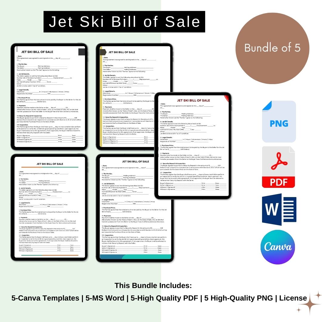 Jet Ski Bill of Sale Form Template Printable PDF Word