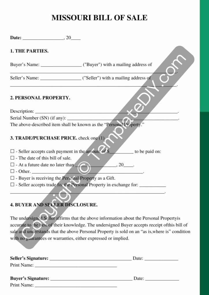 Missouri Bill of Sale Form Template Printable PDF, Word
