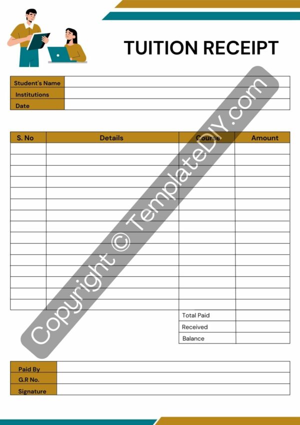 Tuition Receipt Template Blank Printable PDF, Excel, Word