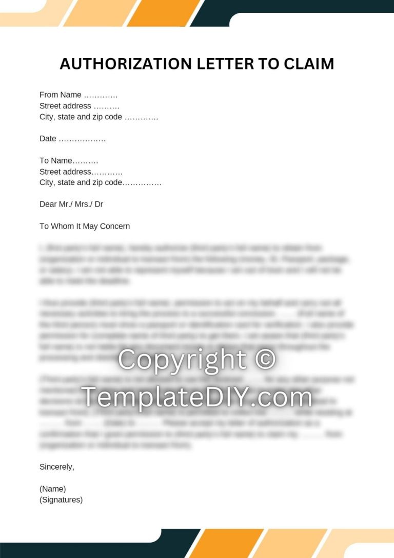 Bydir Letter Authorization Letter to Claim Template | Sample for Money, Documents ...