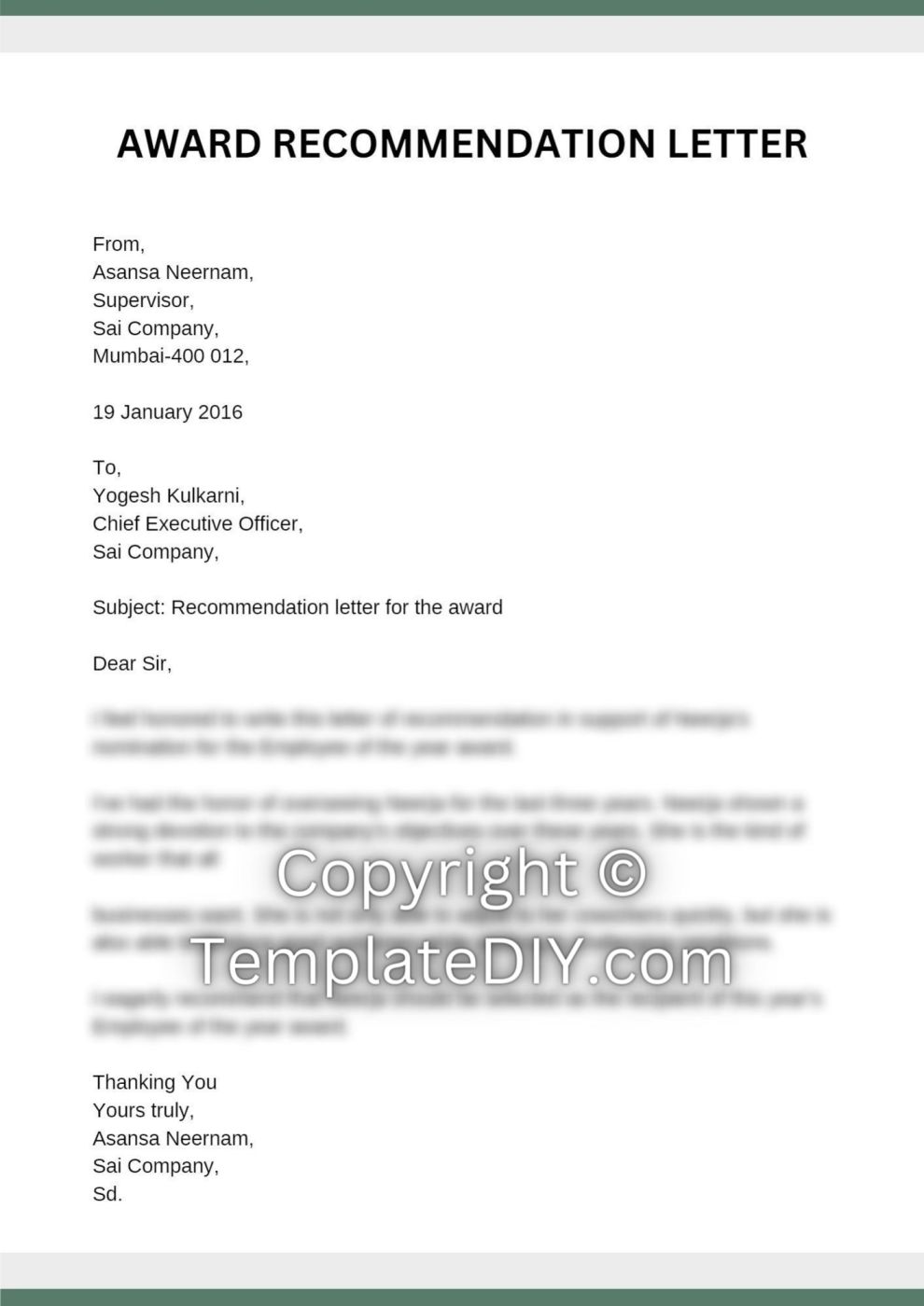 Award Recommendation Letter Template | Download Word Format