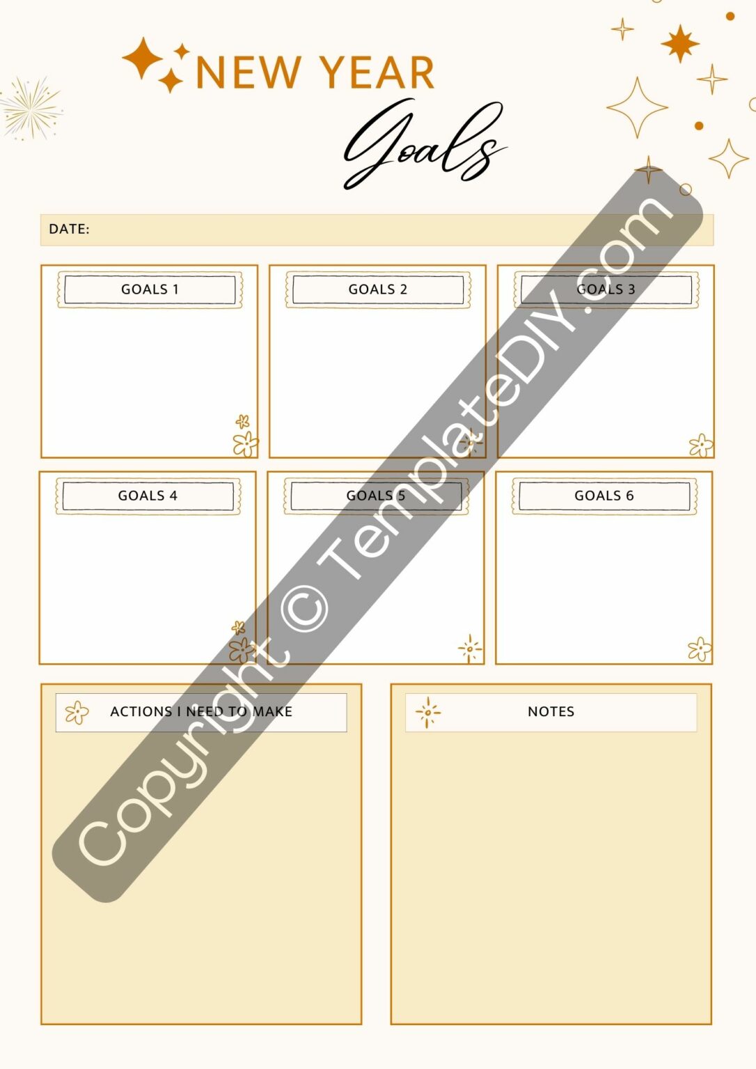 New Year Goals Template Blank Printable PDF, Word