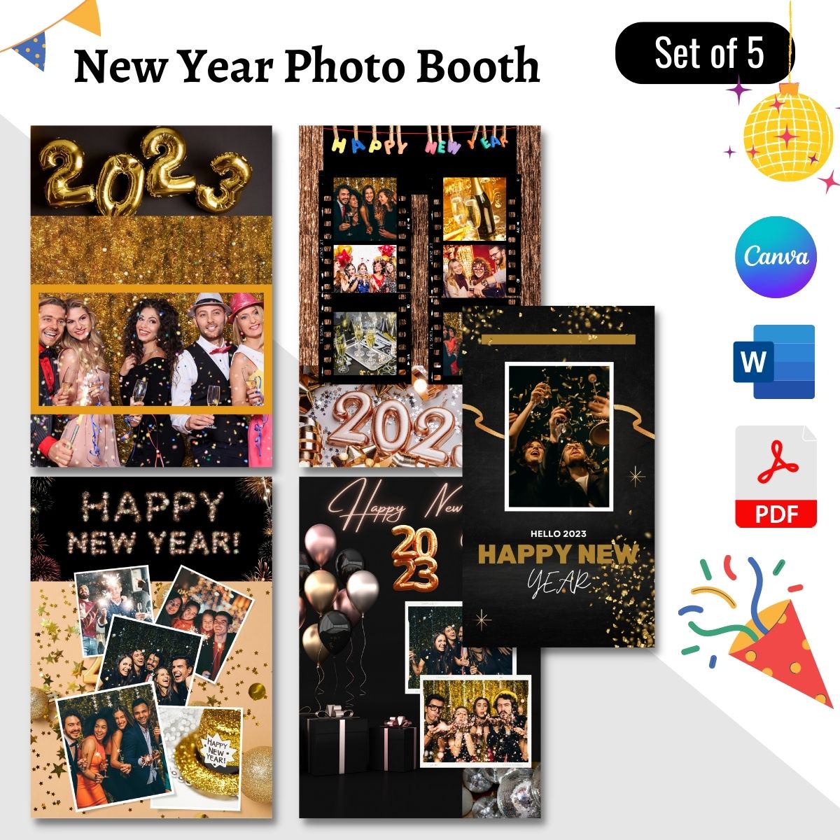 New Year Photo Booth Template Blank Printable PDF, Word