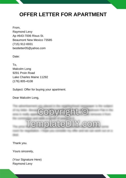 Offer Letter for Apartment Sample with Examples Word