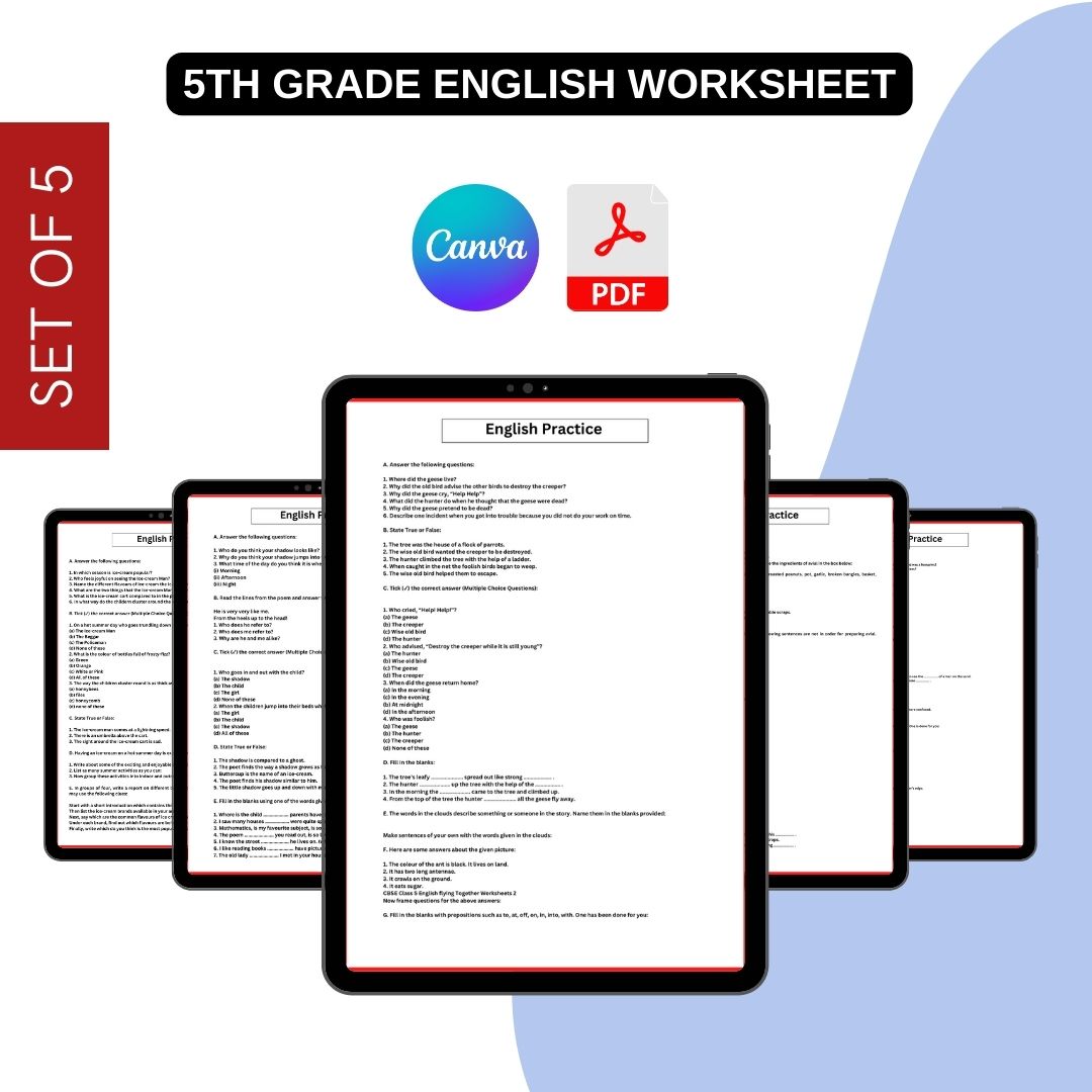 5th Grade English Worksheets Printable Template PDF, Word