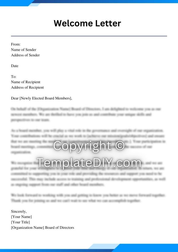 Welcome Letter to Newly Elected Board Members Sample [Word]