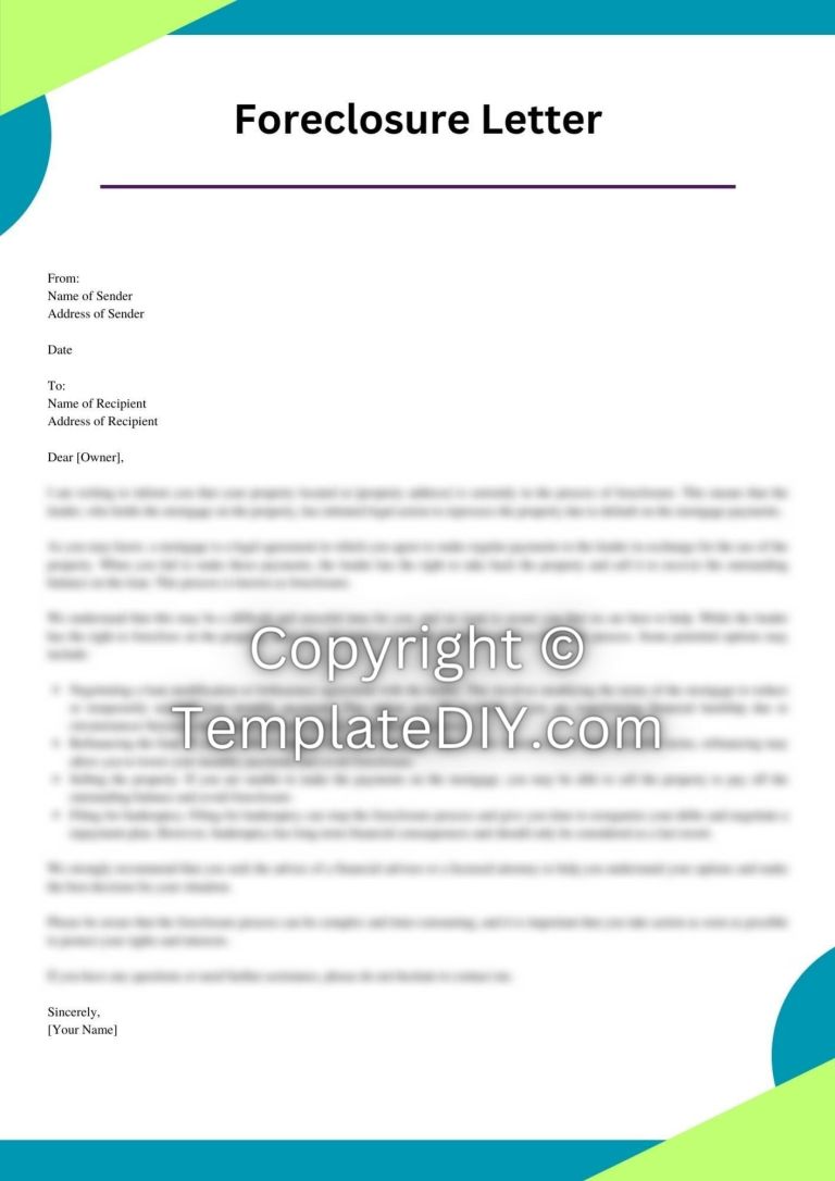 Foreclosure Letter to Owner Sample Template with Examples