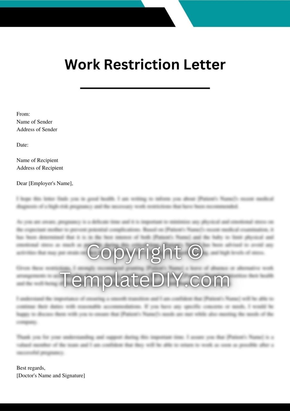 High-Risk Pregnancy Work Restriction Letter Template | Word
