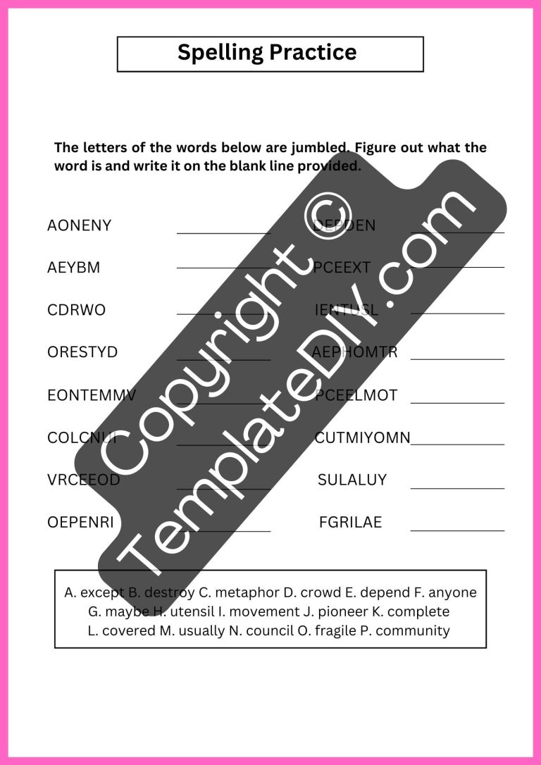 4th Grade Spelling Words Worksheets Template Printable PDF