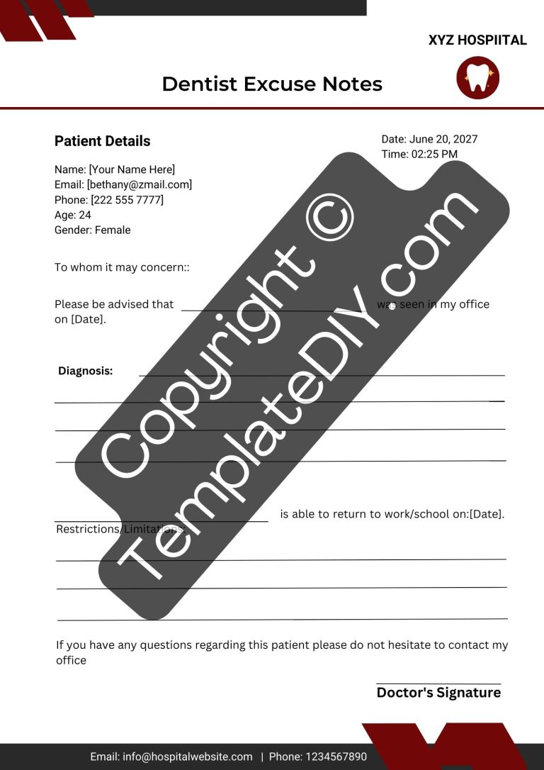 Printable Dentist Excuse Note Template PDF Word Download Now