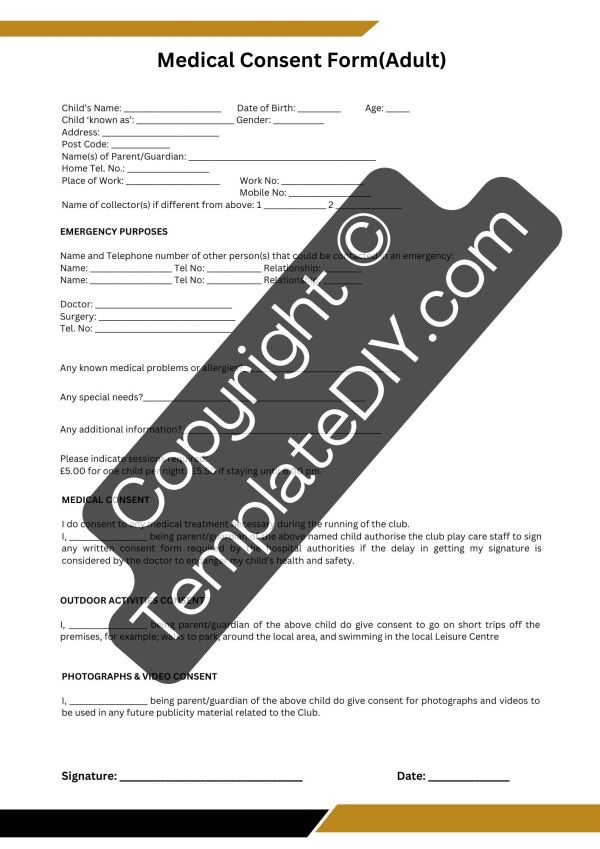Medical Consent Form for Adults Printable Template PDF, Word