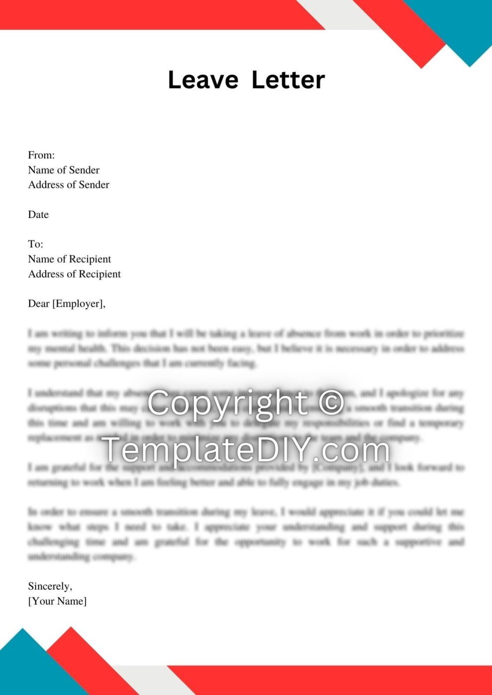 Mental Health Leave of Absence From Work Letter Sample