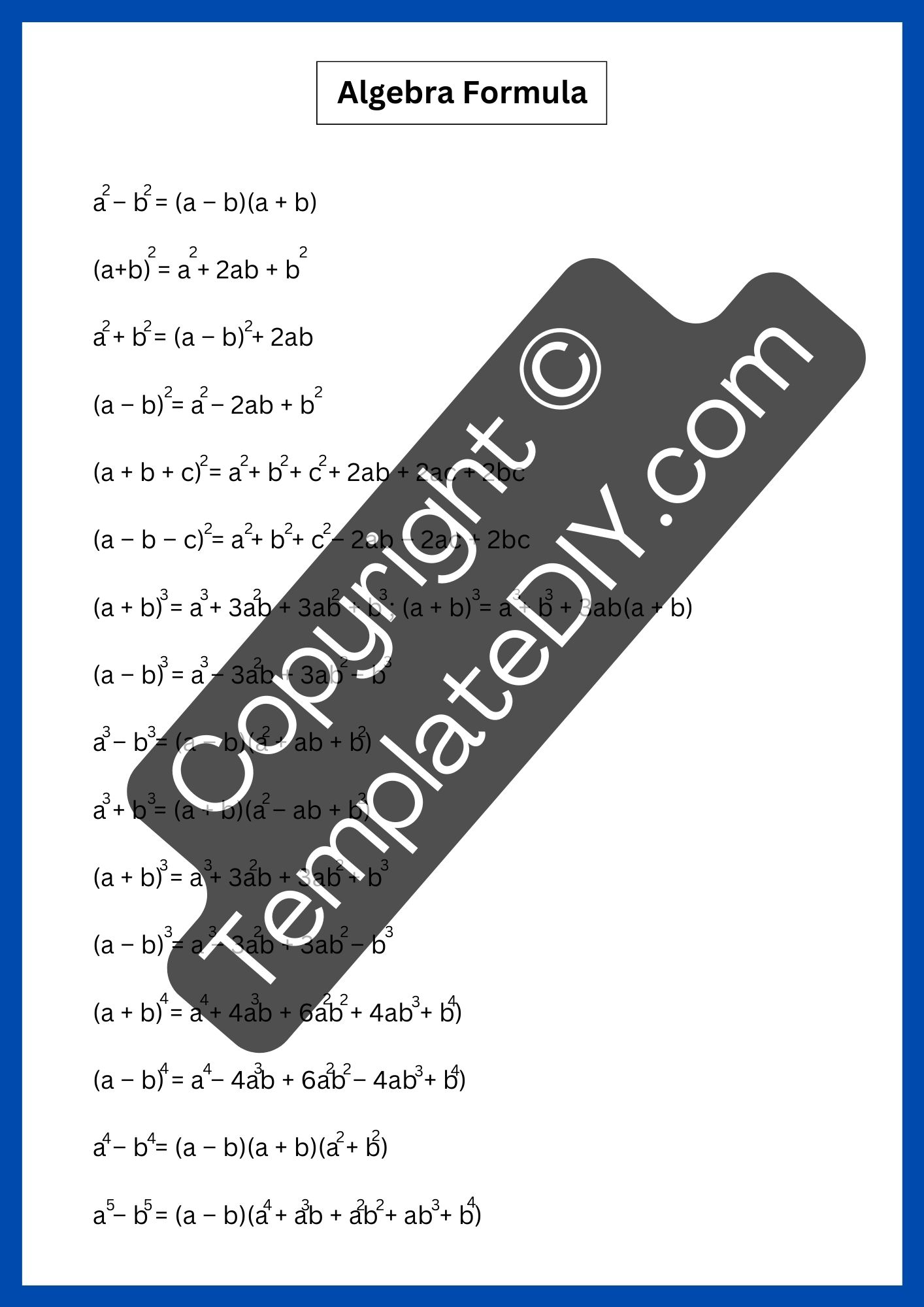 Algebra Formulas Sample Algebra 2 Formula Chart