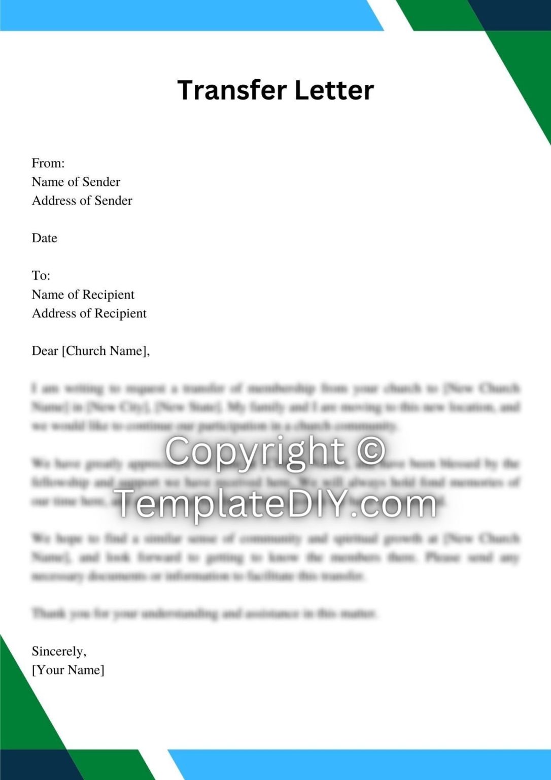 Transfer Letter from One Church to Another Sample Examples