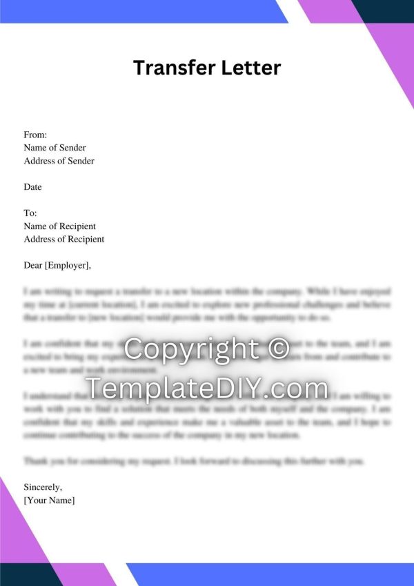 Transfer Request Letter for Personal Reasons Sample [Word]