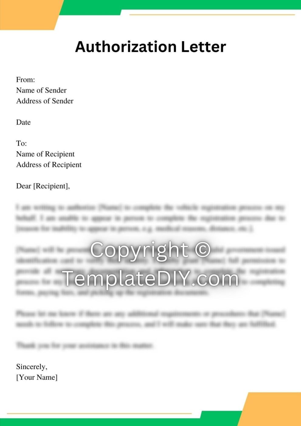 Authorization Letter for Vehicle Registration Sample [Word]