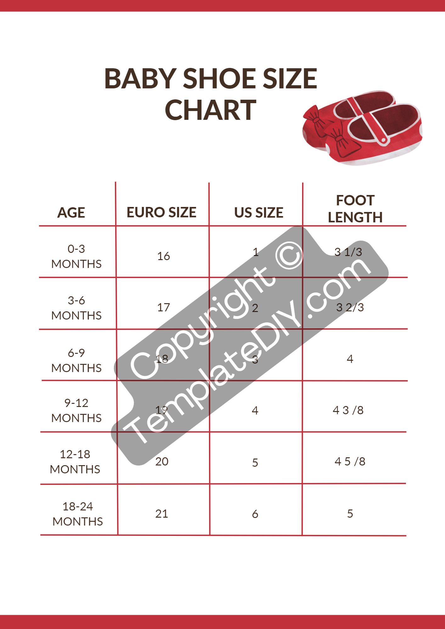 Printable Kids Shoe Size Chart Scope Of Work Template Baby