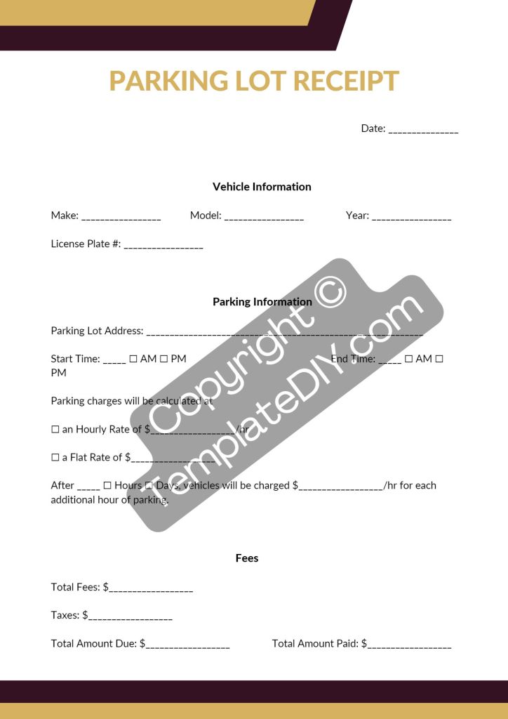Parking Lot Receipt Template Printable PDF, Word, Excel