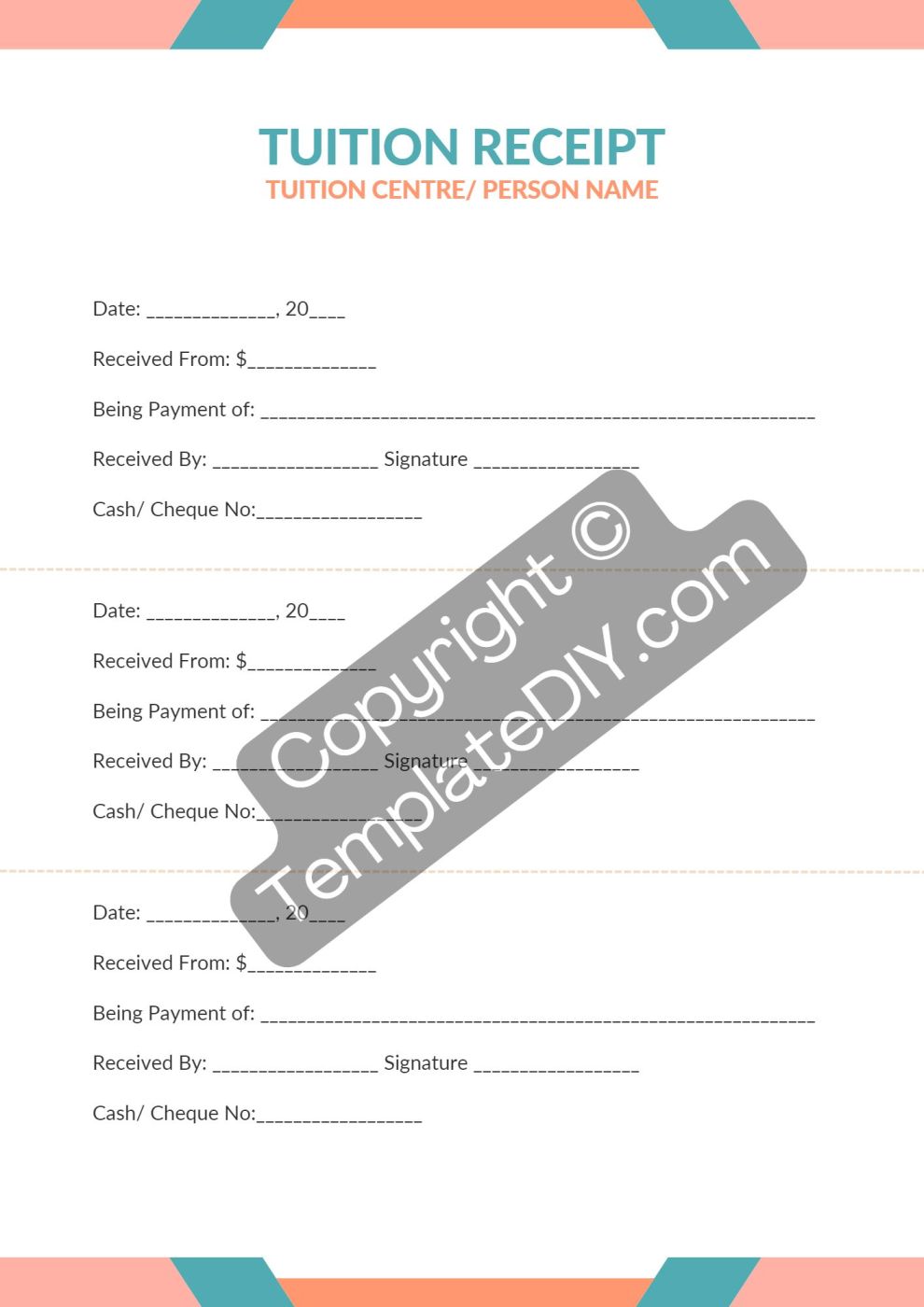 School Tuition Receipt Template Printable PDF, Excel, Word