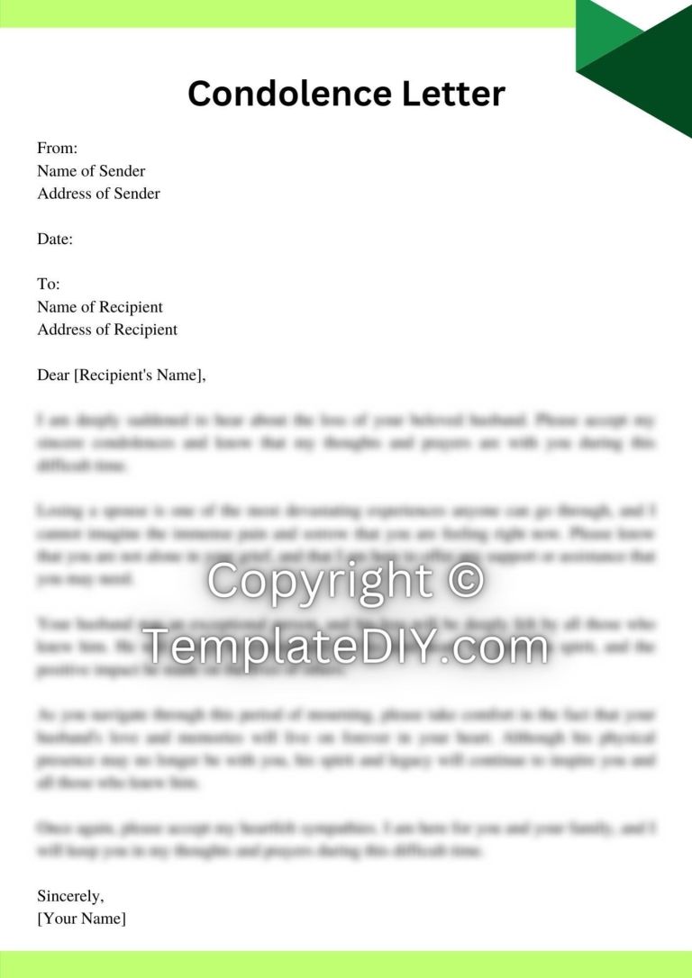 Condolence Letter for Loss of Husband Sample with Examples