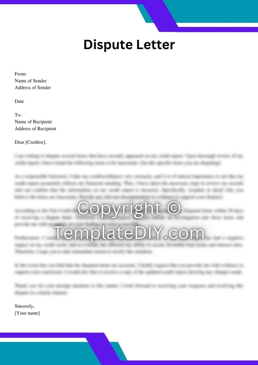 Credit Dispute Letter Sample with Examples [Word Editable]