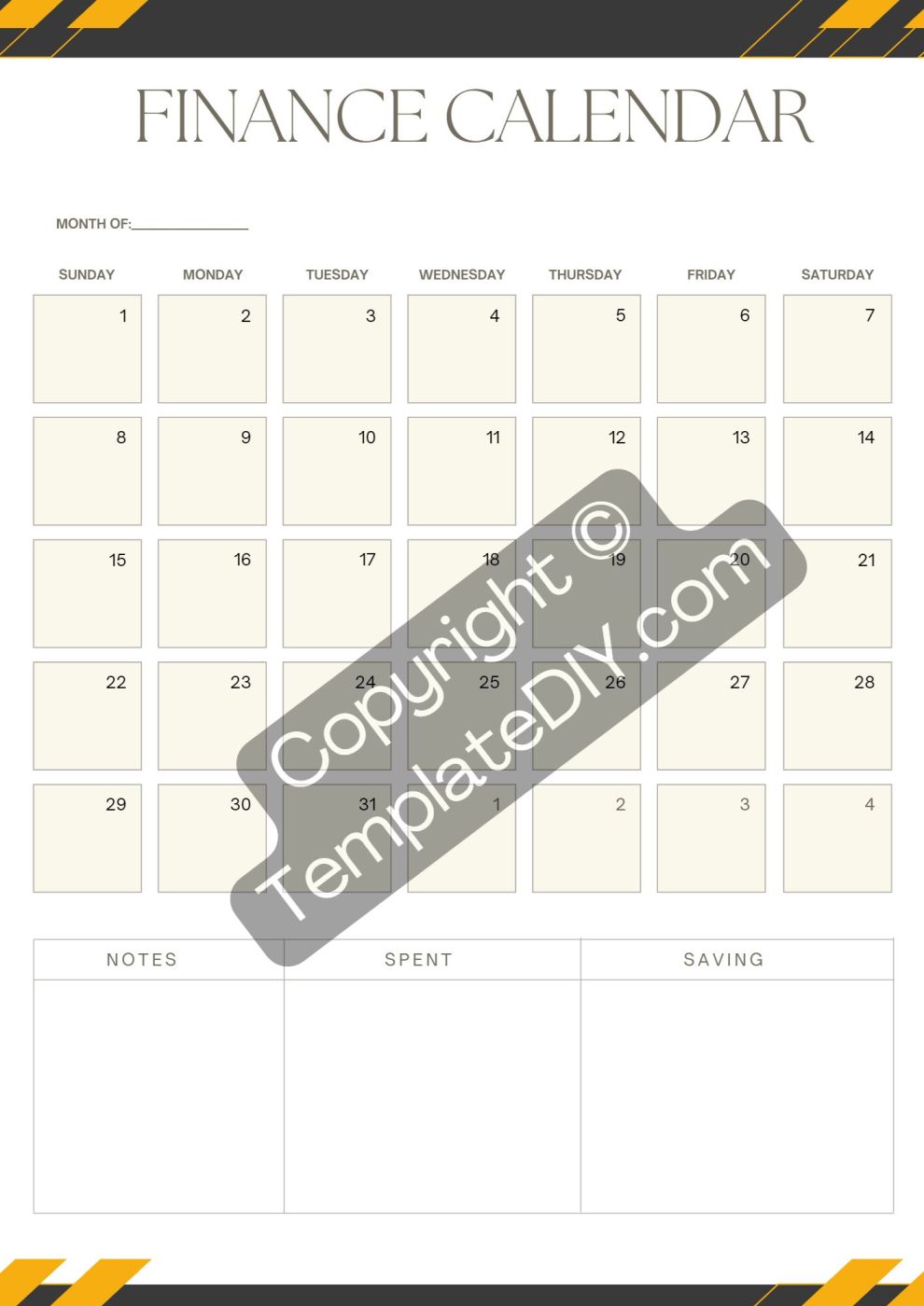 Finance calendar printable template in pdf word editable 