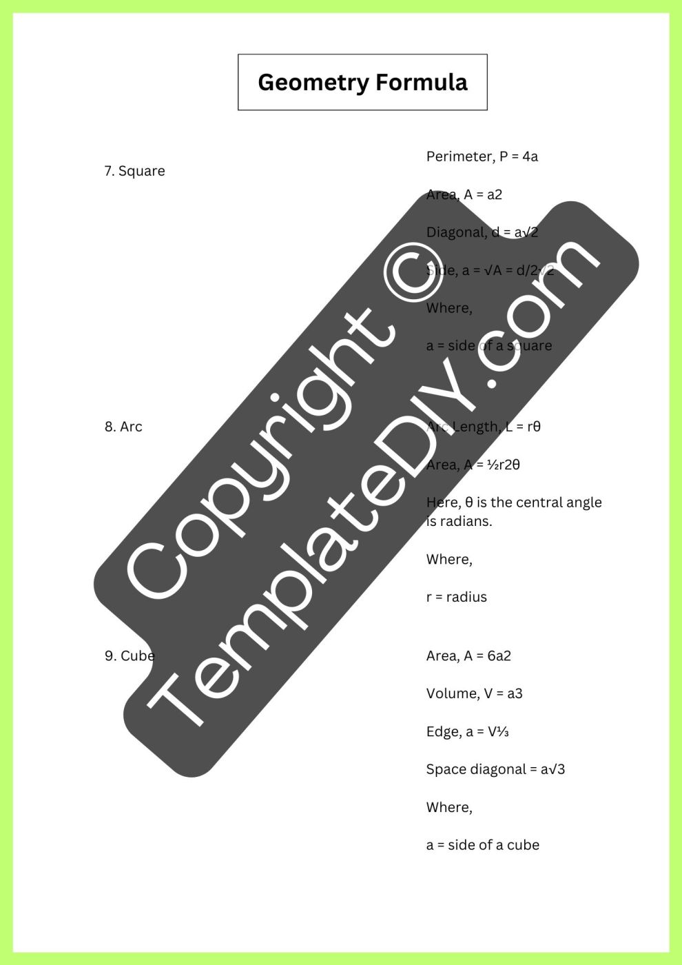Geometry Math Formula Chart Printable Template PDF, Word