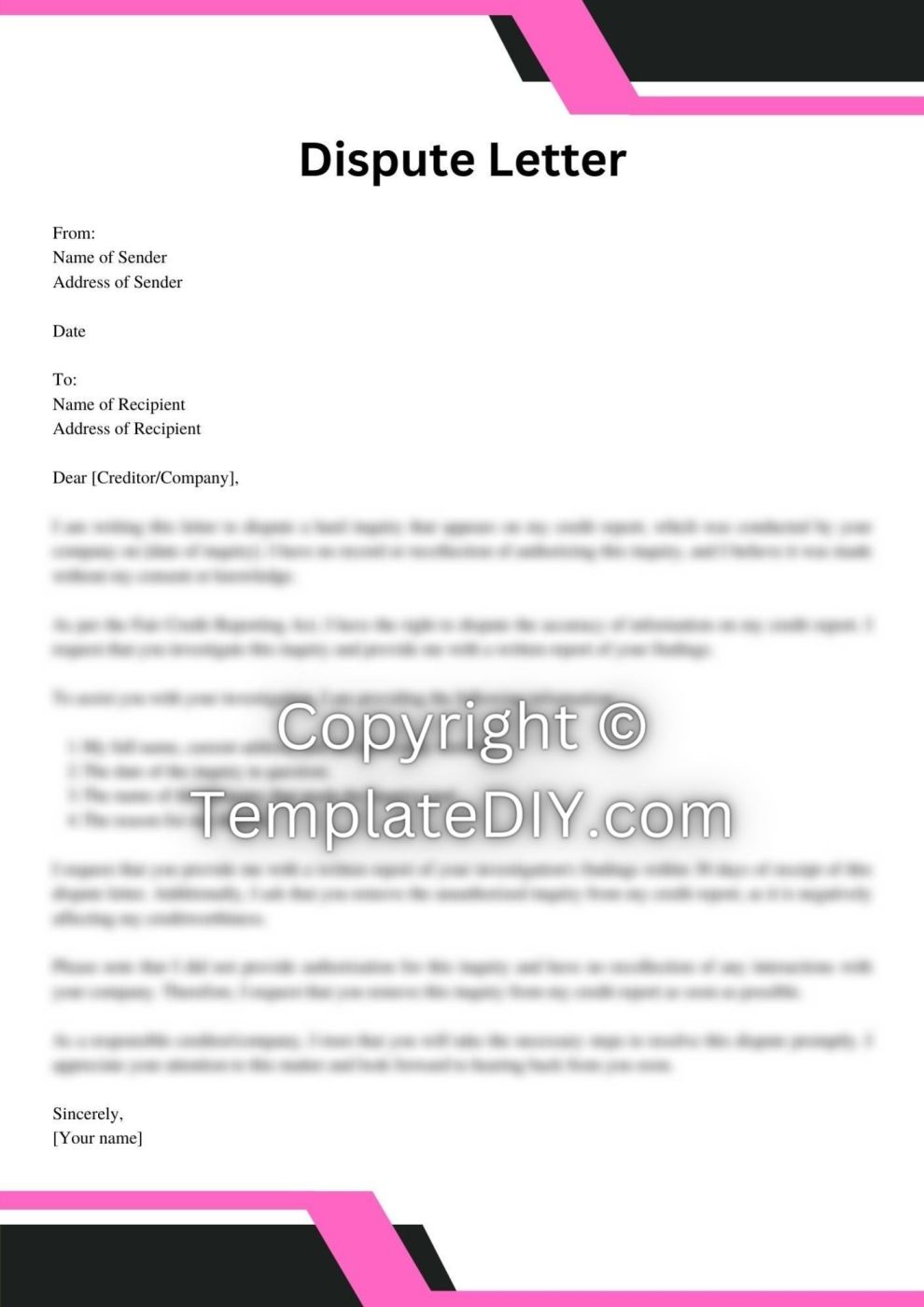 Hard Inquiry Dispute Letter Sample with Examples [Word]