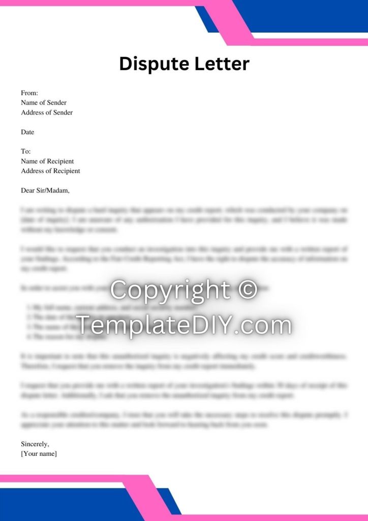 Hard Inquiry Dispute Letter Sample with Examples [Word]